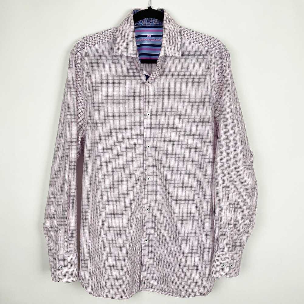 Michelsons London Grid Check Contrast Trim‎ Button Down Shirt Mens M Pink Navy